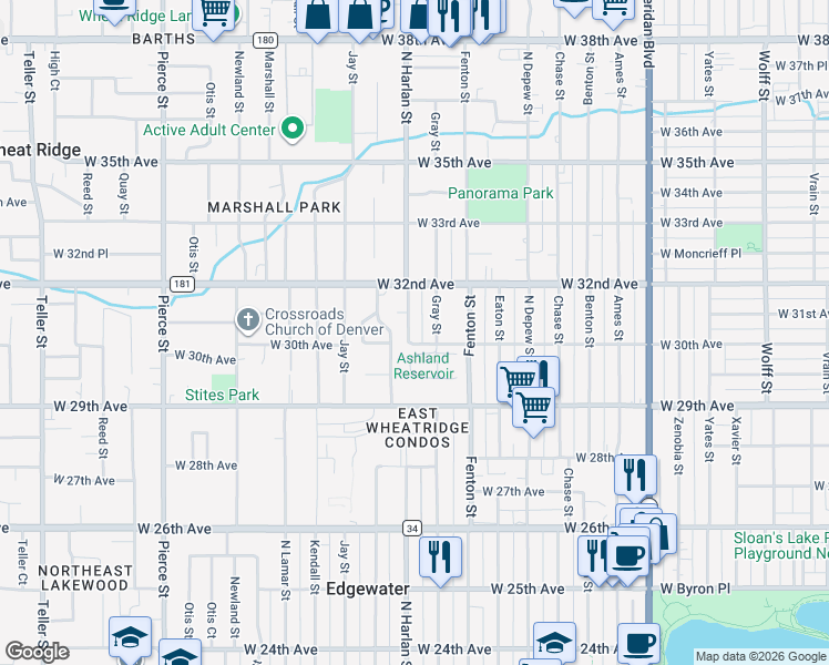 map of restaurants, bars, coffee shops, grocery stores, and more near 3010 Harlan Street in Wheat Ridge