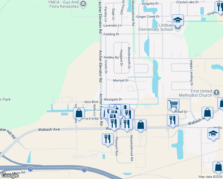 map of restaurants, bars, coffee shops, grocery stores, and more near 2917 Sandy Lane in Springfield