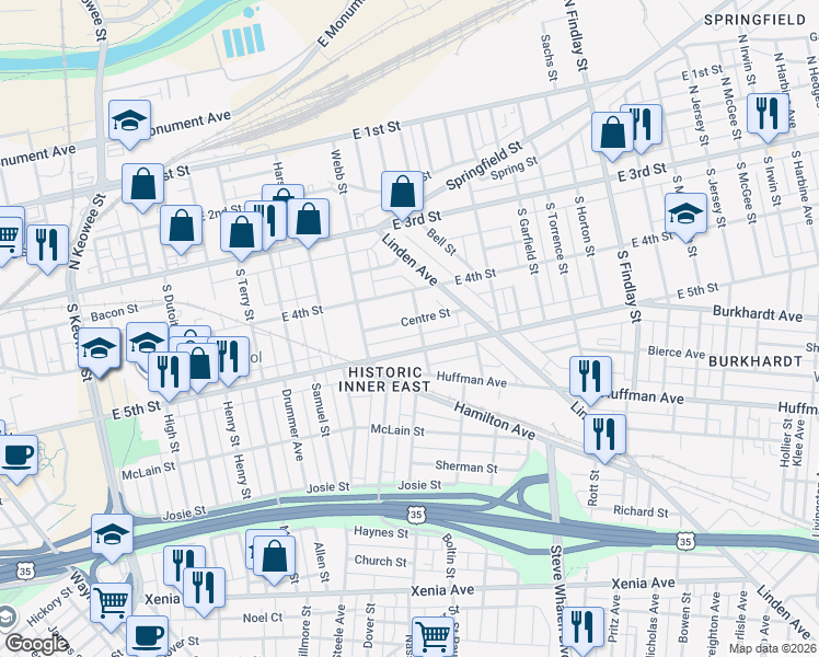 map of restaurants, bars, coffee shops, grocery stores, and more near 62 Centre Street in Dayton