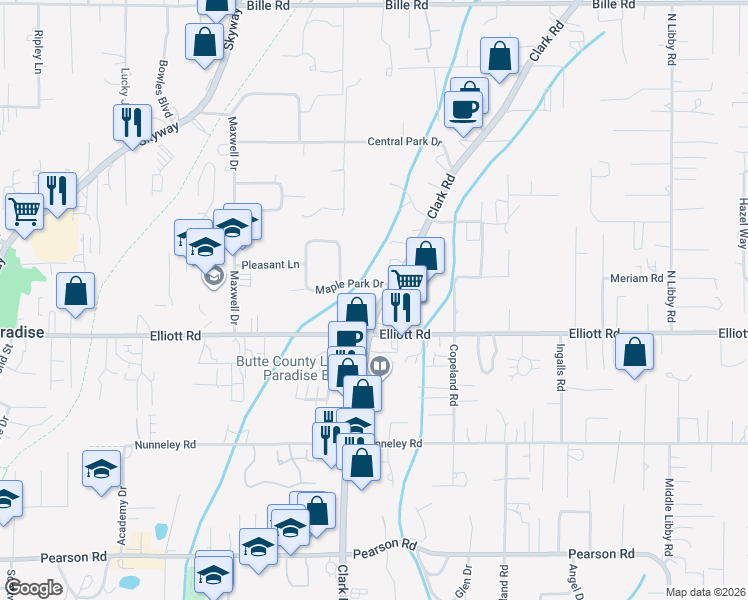 map of restaurants, bars, coffee shops, grocery stores, and more near 6053 Clark Road in Paradise
