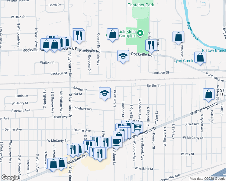 map of restaurants, bars, coffee shops, grocery stores, and more near 5006 Bertha Street in Indianapolis