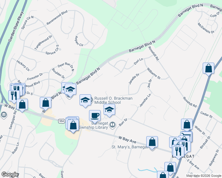 map of restaurants, bars, coffee shops, grocery stores, and more near 500 Barnegat Boulevard North in Barnegat Township