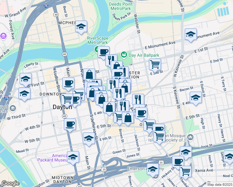map of restaurants, bars, coffee shops, grocery stores, and more near 403 East 3rd Street in Dayton