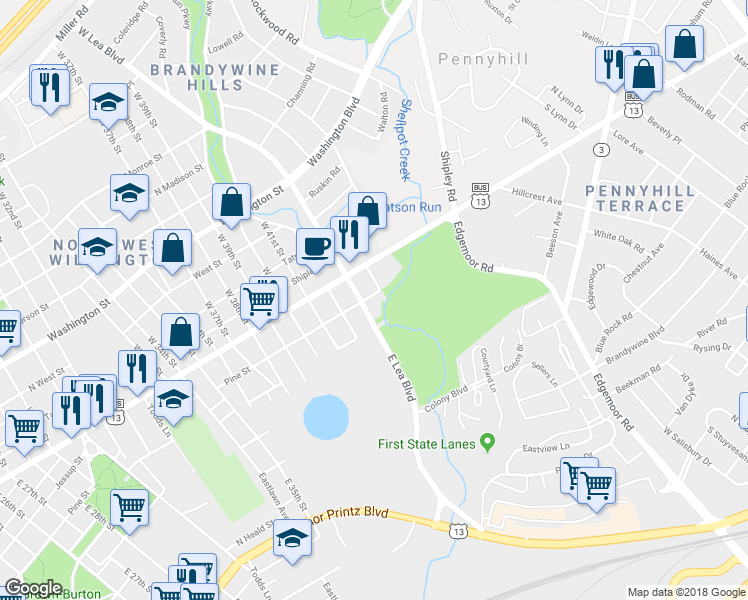 map of restaurants, bars, coffee shops, grocery stores, and more near 4304 North Pine Street in Wilmington