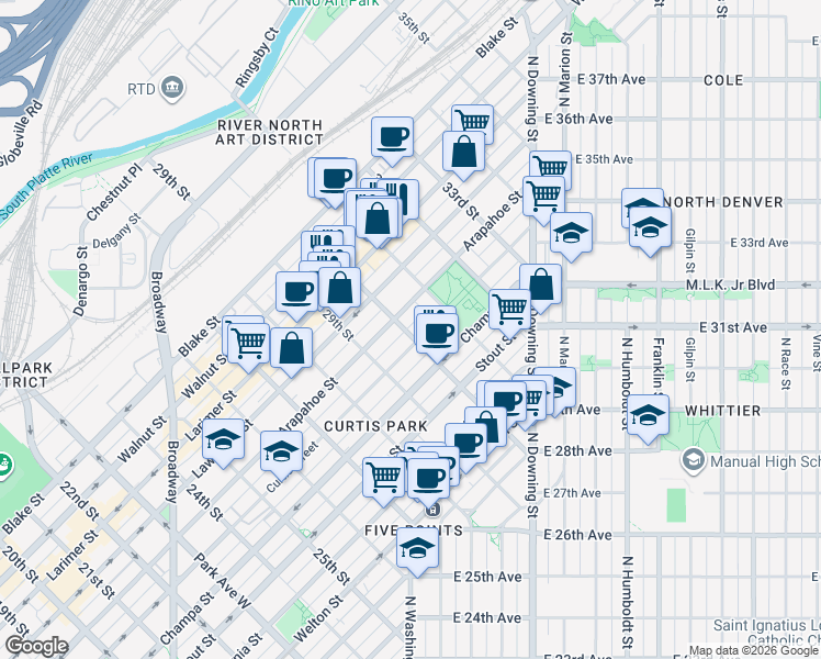 map of restaurants, bars, coffee shops, grocery stores, and more near 3011 Curtis Street in Denver