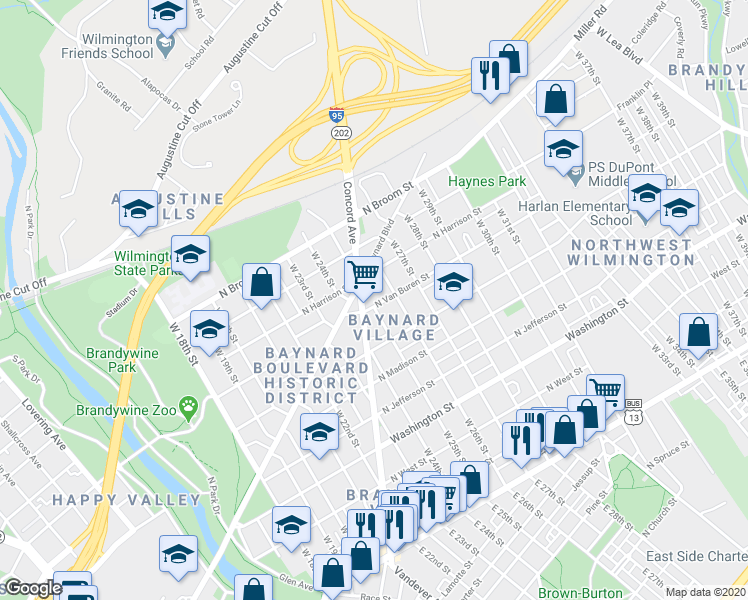 map of restaurants, bars, coffee shops, grocery stores, and more near 2501 North Van Buren Street in Wilmington