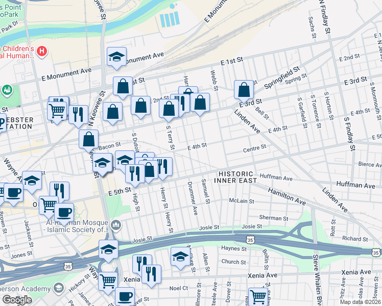 map of restaurants, bars, coffee shops, grocery stores, and more near 114 South June Street in Dayton
