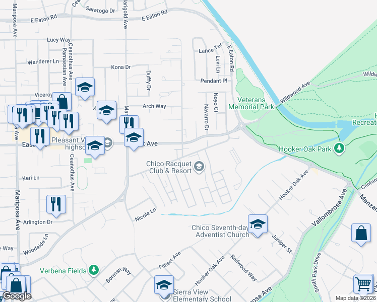 map of restaurants, bars, coffee shops, grocery stores, and more near 2405 Cactus Avenue in Chico