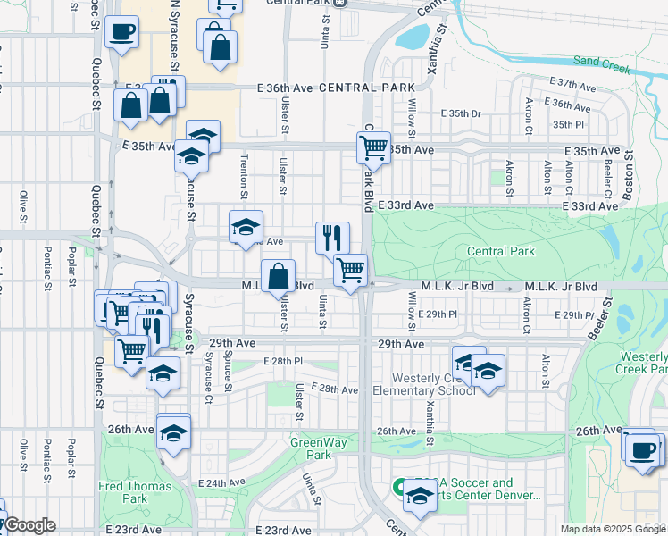 map of restaurants, bars, coffee shops, grocery stores, and more near 3120 Uinta Street in Denver