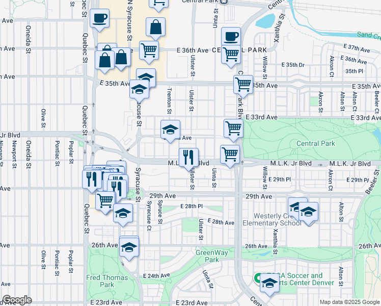 map of restaurants, bars, coffee shops, grocery stores, and more near 8074 East 31st Avenue in Denver