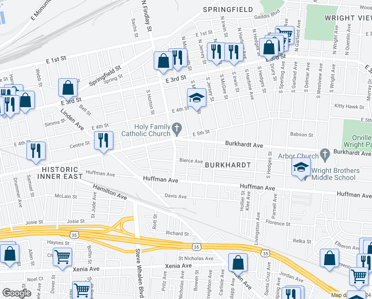 map of restaurants, bars, coffee shops, grocery stores, and more near 19 Gerlaugh Avenue in Dayton