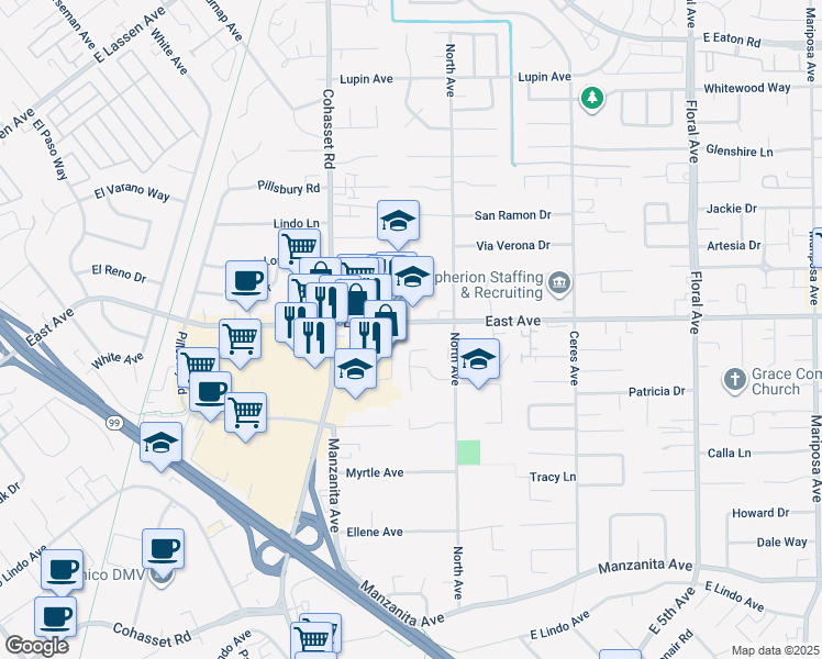 map of restaurants, bars, coffee shops, grocery stores, and more near 983 East Avenue in Chico