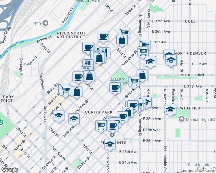 map of restaurants, bars, coffee shops, grocery stores, and more near 1021 30th Street in Denver