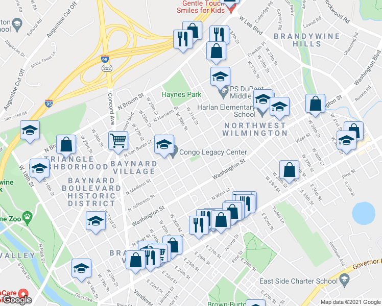 map of restaurants, bars, coffee shops, grocery stores, and more near 2919 North Madison Street in Wilmington