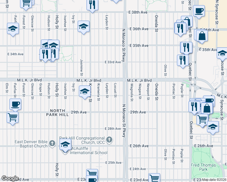 map of restaurants, bars, coffee shops, grocery stores, and more near 3011 Locust Street in Denver