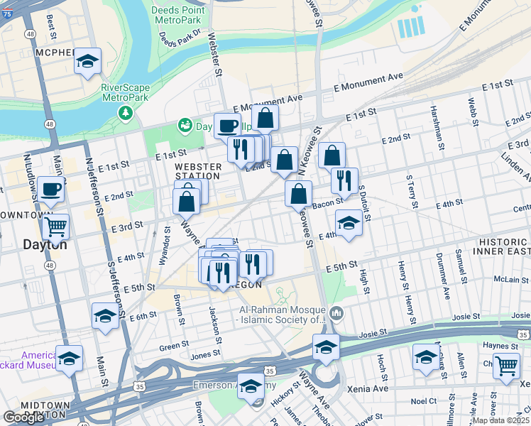 map of restaurants, bars, coffee shops, grocery stores, and more near in Dayton