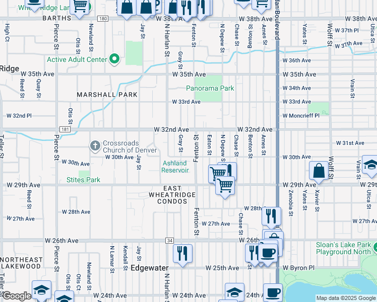 map of restaurants, bars, coffee shops, grocery stores, and more near 5851 West 30th Avenue in Wheat Ridge