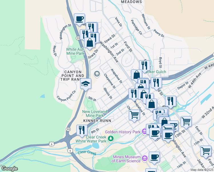 map of restaurants, bars, coffee shops, grocery stores, and more near 400 Illinois Street in Golden
