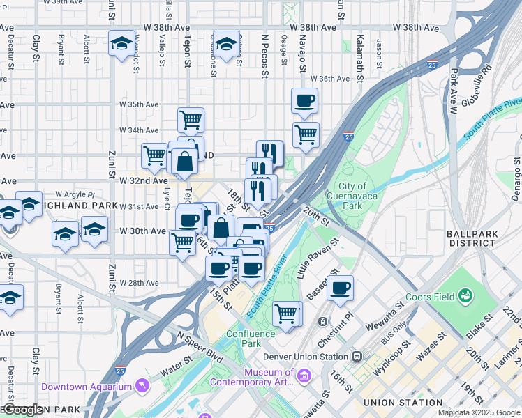 map of restaurants, bars, coffee shops, grocery stores, and more near in Denver