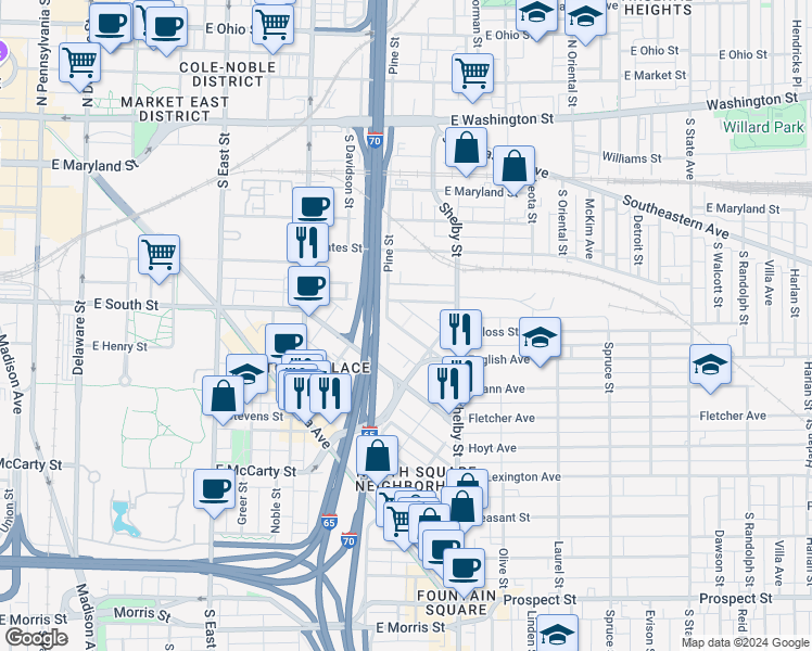 map of restaurants, bars, coffee shops, grocery stores, and more near 938 English Avenue in Indianapolis