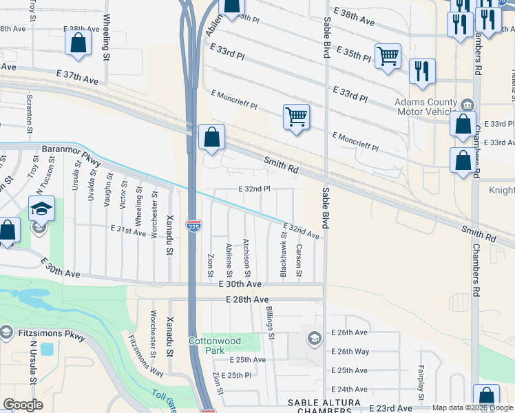 map of restaurants, bars, coffee shops, grocery stores, and more near 3210 Billings Street in Aurora