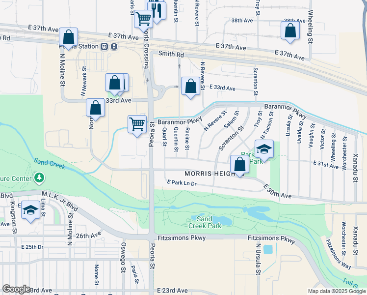 map of restaurants, bars, coffee shops, grocery stores, and more near 3117 Racine Street in Aurora