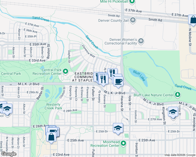 map of restaurants, bars, coffee shops, grocery stores, and more near 3056 Galena Street in Denver