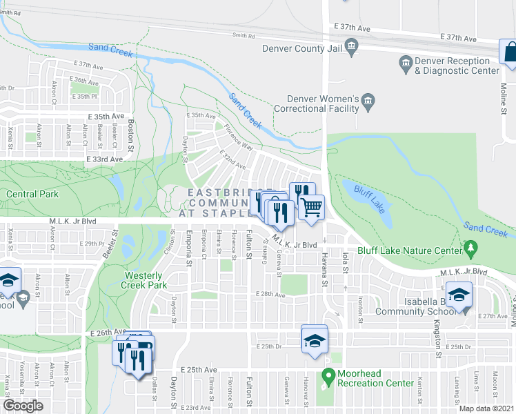 map of restaurants, bars, coffee shops, grocery stores, and more near 3056 Galena Street in Denver