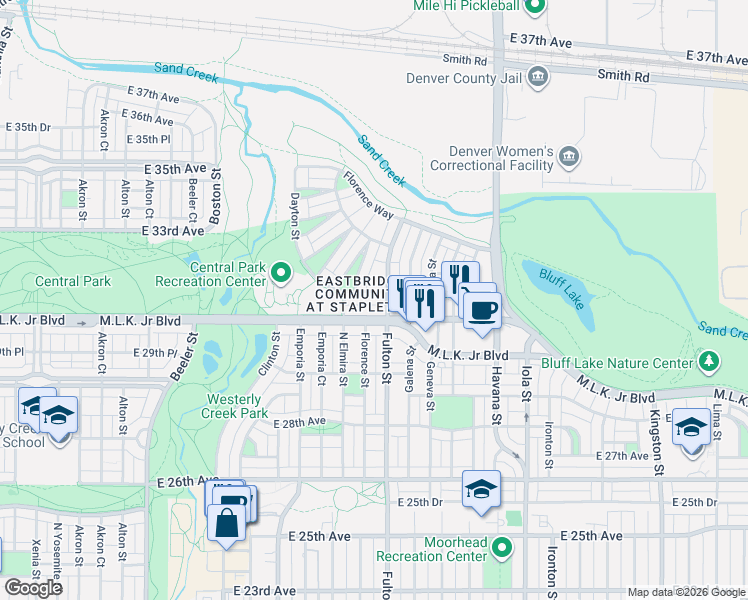map of restaurants, bars, coffee shops, grocery stores, and more near 10066 East 31st Avenue in Denver