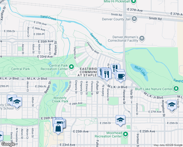 map of restaurants, bars, coffee shops, grocery stores, and more near 10066 East 31st Avenue in Denver