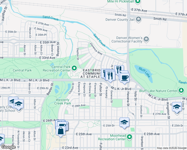map of restaurants, bars, coffee shops, grocery stores, and more near 9907 Martin Luther King Junior Boulevard in Denver