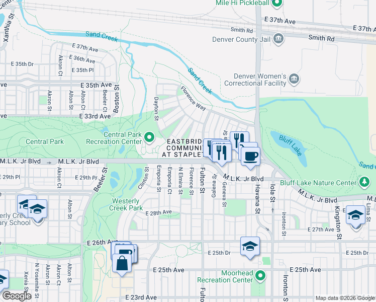 map of restaurants, bars, coffee shops, grocery stores, and more near 9907 Martin Luther King Junior Boulevard in Denver