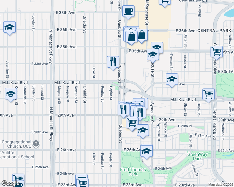 map of restaurants, bars, coffee shops, grocery stores, and more near 3015 Quebec Street in Denver