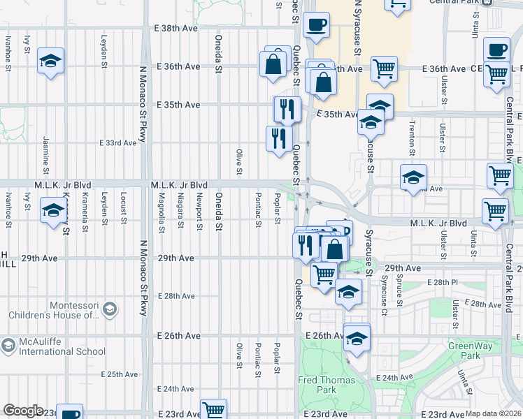 map of restaurants, bars, coffee shops, grocery stores, and more near 3010 Pontiac Street in Denver