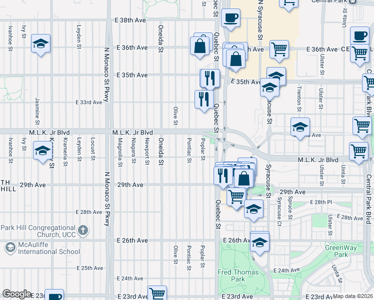 map of restaurants, bars, coffee shops, grocery stores, and more near 3010 Pontiac Street in Denver
