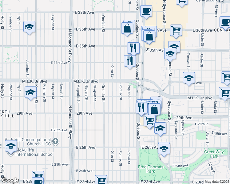 map of restaurants, bars, coffee shops, grocery stores, and more near 3011 Olive Street in Denver