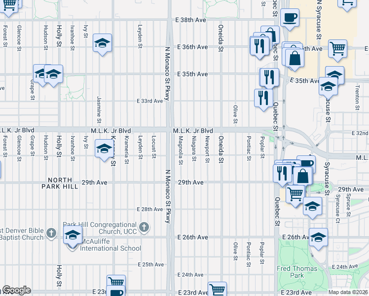 map of restaurants, bars, coffee shops, grocery stores, and more near 3014 Magnolia Street in Denver