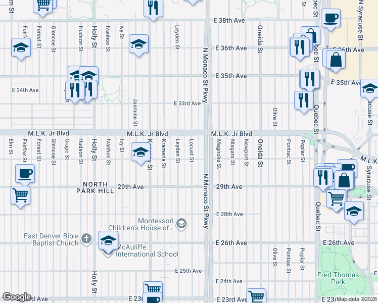 map of restaurants, bars, coffee shops, grocery stores, and more near 3011 Locust Street in Denver