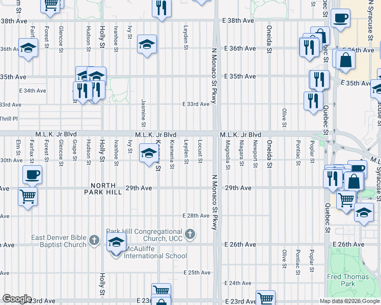 map of restaurants, bars, coffee shops, grocery stores, and more near 3011 Locust Street in Denver