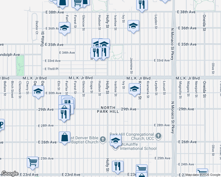 map of restaurants, bars, coffee shops, grocery stores, and more near in Denver