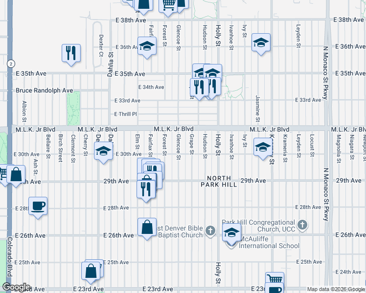 map of restaurants, bars, coffee shops, grocery stores, and more near 3011 Grape Street in Denver