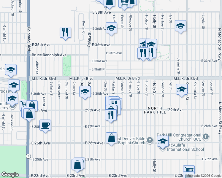 map of restaurants, bars, coffee shops, grocery stores, and more near 3030 Fairfax Street in Denver
