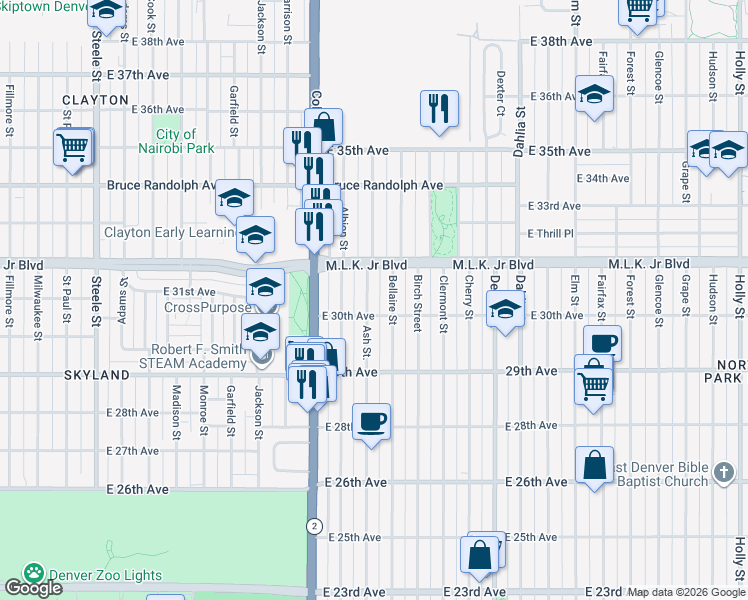 map of restaurants, bars, coffee shops, grocery stores, and more near 3009 Ash Street in Denver