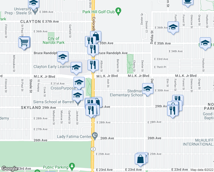 map of restaurants, bars, coffee shops, grocery stores, and more near 3009 Ash Street in Denver