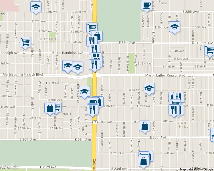 map of restaurants, bars, coffee shops, grocery stores, and more near 3009 Ash Street in Denver