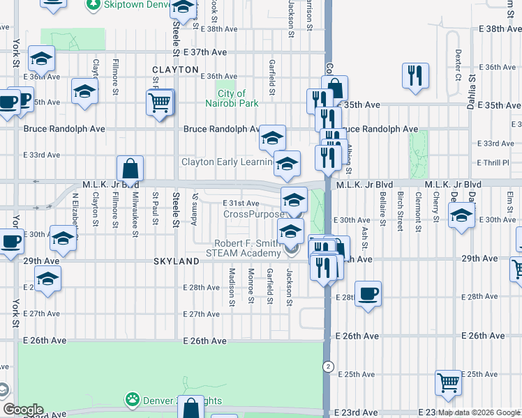 map of restaurants, bars, coffee shops, grocery stores, and more near 3070 Monroe Street in Denver