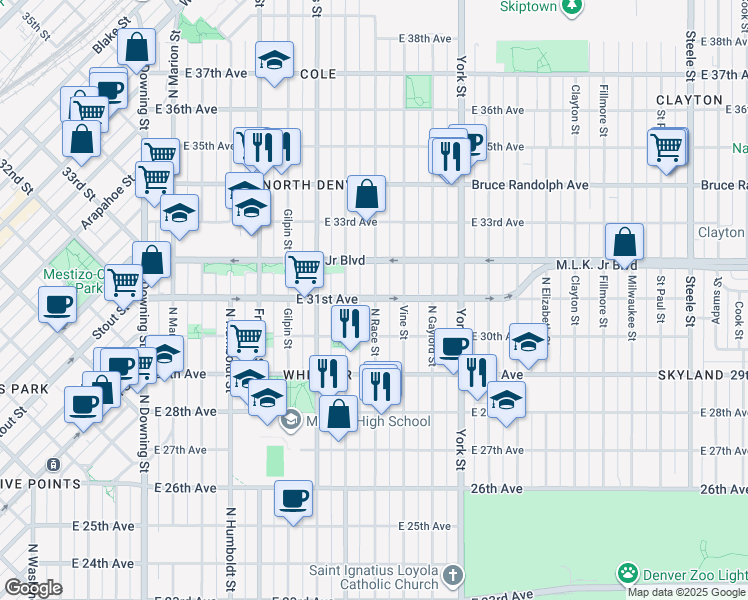 map of restaurants, bars, coffee shops, grocery stores, and more near 3055 Race Street in Denver