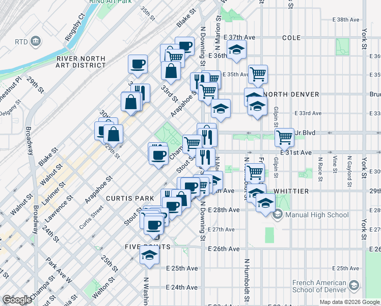 map of restaurants, bars, coffee shops, grocery stores, and more near 3133 Stout Street in Denver