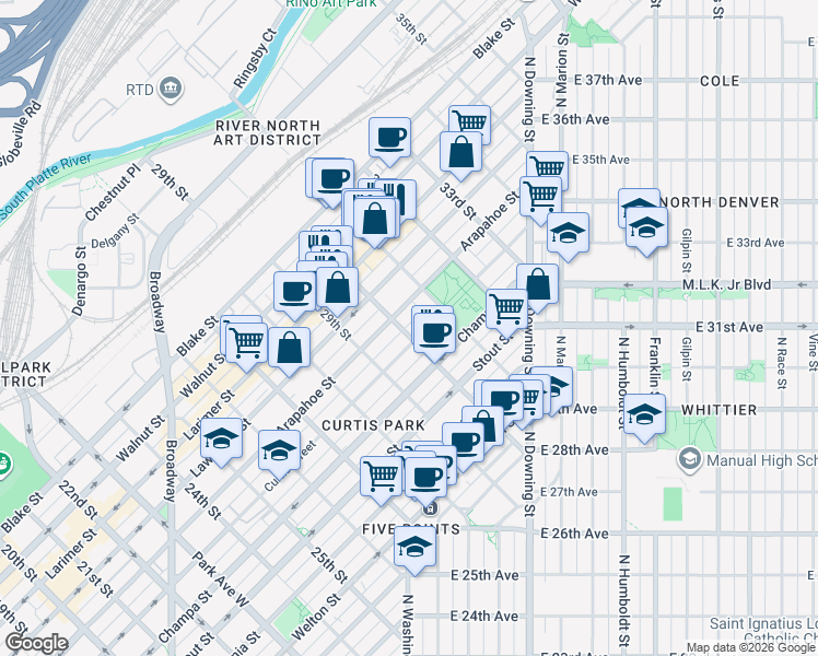map of restaurants, bars, coffee shops, grocery stores, and more near 3011 Curtis Street in Denver