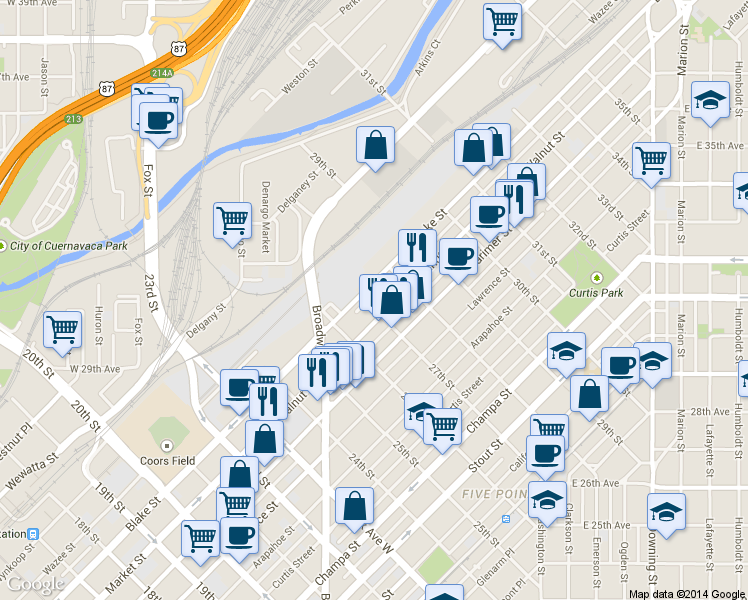 map of restaurants, bars, coffee shops, grocery stores, and more near 2749 Walnut Street in Denver